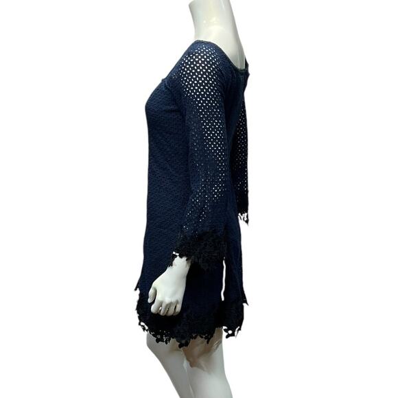 Sara Campbell Navy Blue Cotton Crochet Lace Dress Square Neck USA Made  Size S/M - Picture 3 of 16